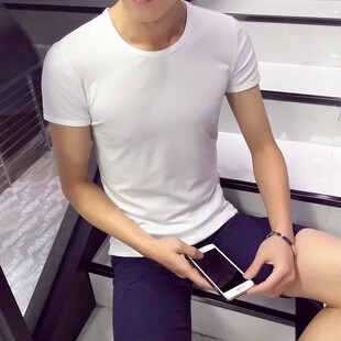 男士纯白色圆领打底衫T血男冰丝短袖便宜纯色修身汗衫t桖内衣t恤