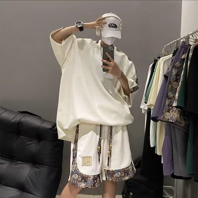 墨绿色国风拼接套装男新中式潮牌百搭俩件套夏季时尚短袖T恤短裤