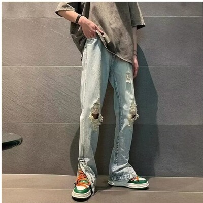 美式工装排扣开衩破洞牛仔裤男高街潮牌vibe裤子微喇叭修身长裤子