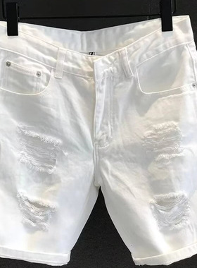 潮牌白色破洞牛仔裤短裤男士直筒韩版潮流马裤五分裤夏季休闲中裤