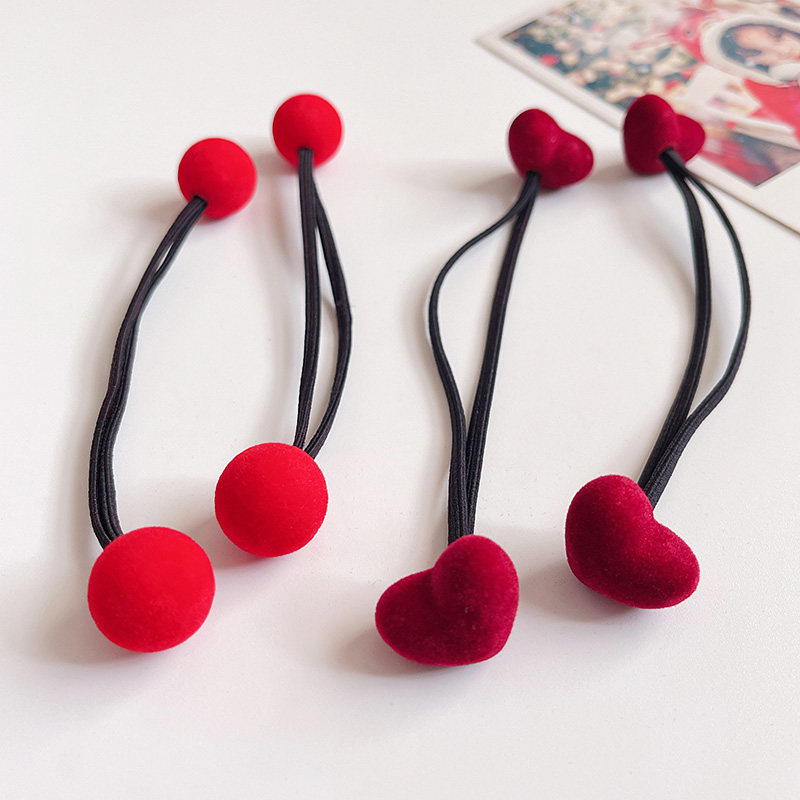 儿童不伤发绕绕头绳新年酒红色喜庆球球植绒爱心丸子头女宝宝发绳