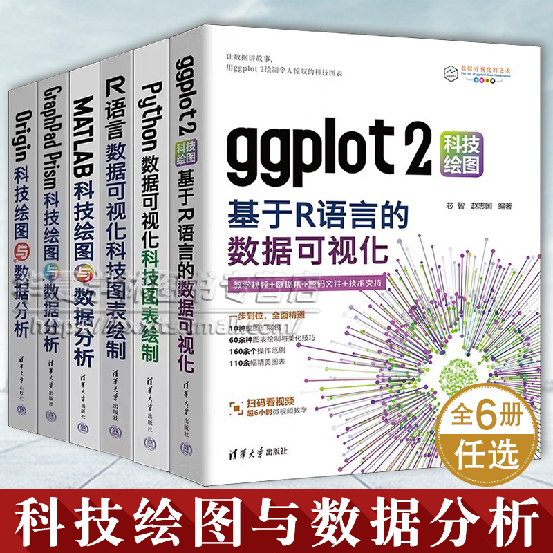 6册 Python R语言数据可视化科技图表绘制 芯智 MATLAB GraphPad Prism Origin ggplot2科技绘图与数据分析清华大学出版社教材正版