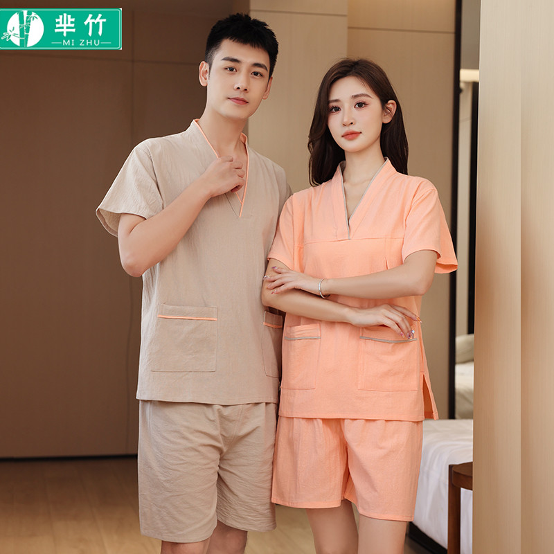 芈竹 汗蒸服女纯棉套装净版桑拿情侣睡衣男大码洗浴足疗家居服