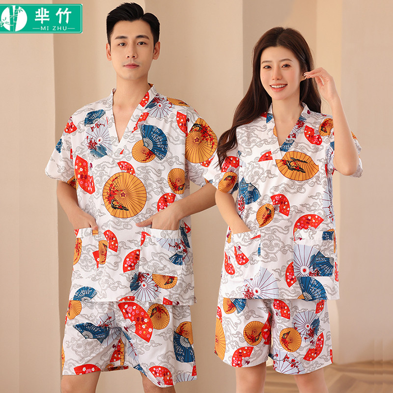 芈竹 纯棉汗蒸服女胸部双层情侣印花男款大码洗浴足疗浴衣睡衣