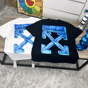 斑马线潮牌休闲宽松印花T恤 男女圆领纯棉短袖 OFF箭头OW WHITE夏季