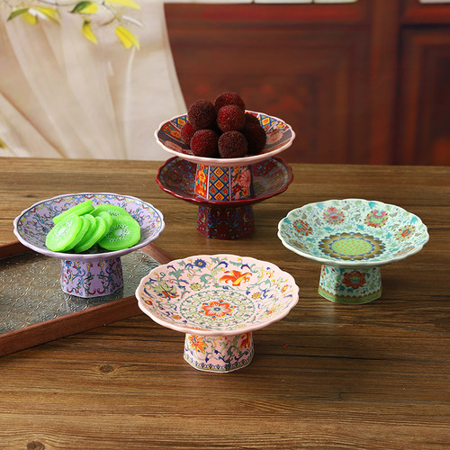 中式珐琅高脚果盘复古茶点摆盘