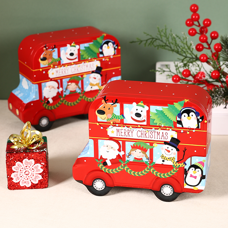 圣诞双层巴士铁盒糖果曲奇饼干收纳盒创意儿童礼物盒密封储物空盒