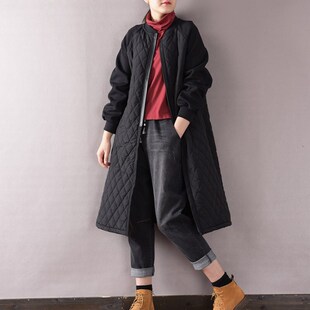 轻薄菱格韩版棉衣女宽松圆领棒球服外套冬季黑色中长款棉服风衣