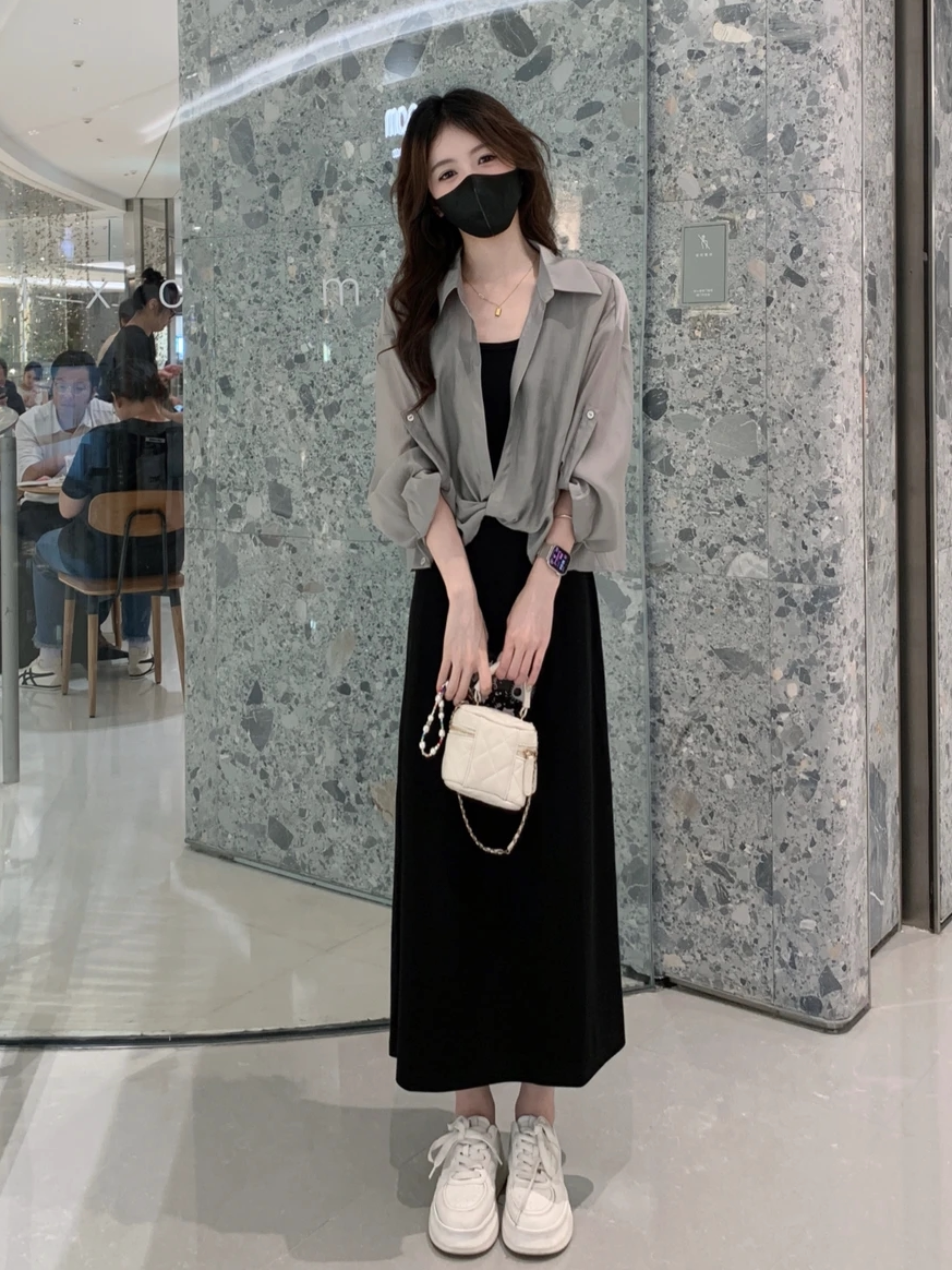 태양 보호 셔츠 서스펜더 드레스 투피스 세트 2024 여름 착용 고급 패션 캐주얼 슈트 세트 전체