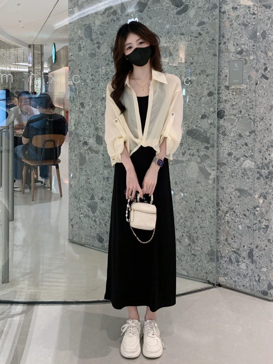 태양 보호 셔츠 서스펜더 드레스 투피스 세트 2024 여름 착용 고급 패션 캐주얼 슈트 세트 전체