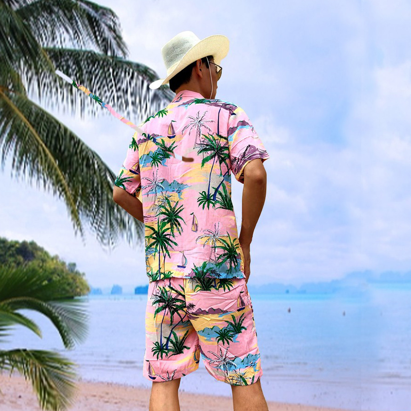 海南岛服三亚旅游人造棉椰树柔软亲肤吸汗居家衬衫沙滩休闲宽松肥