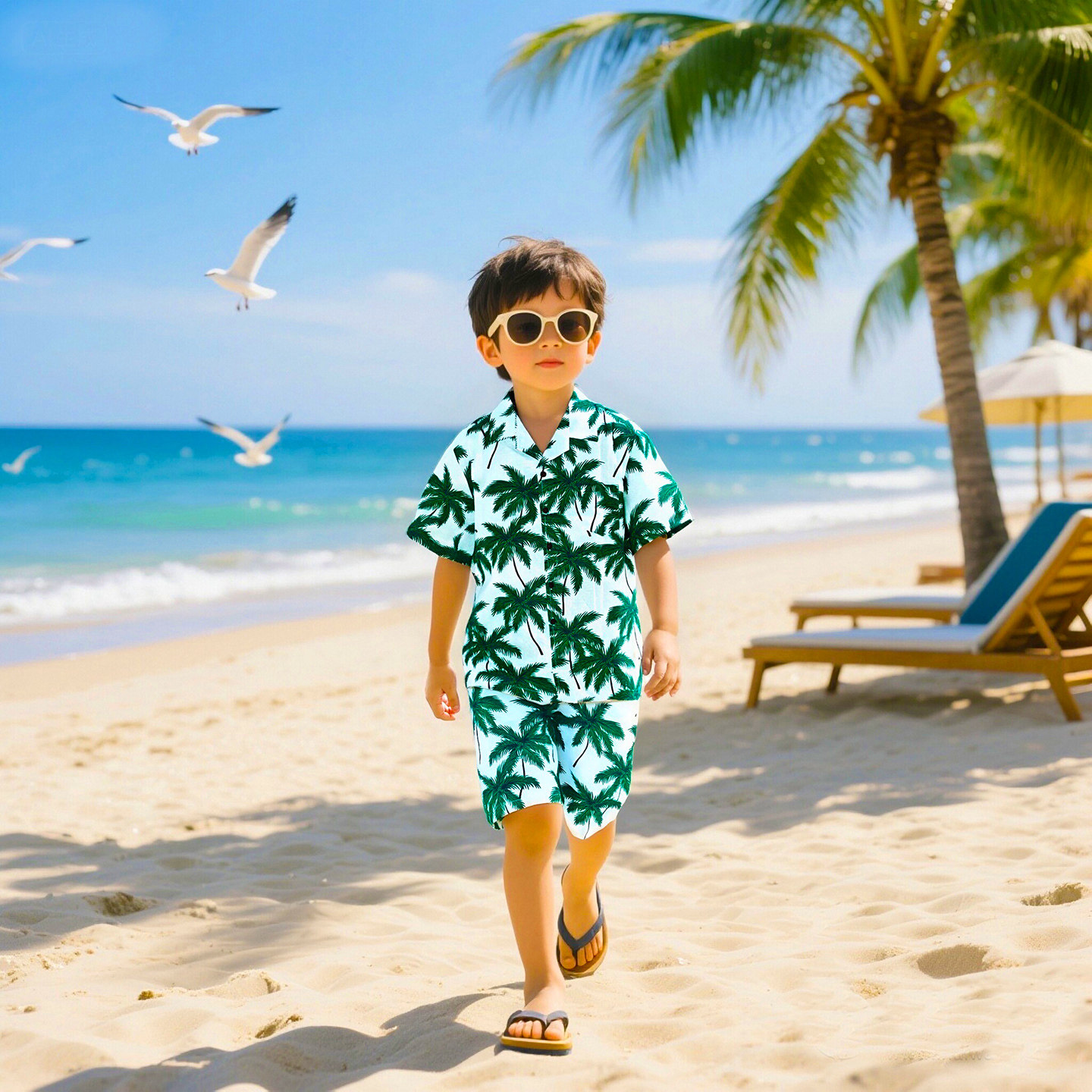 短袖三亚儿童海南沙滩服旅游度假休闲花卉演出椰树夏威夷宽松短裤