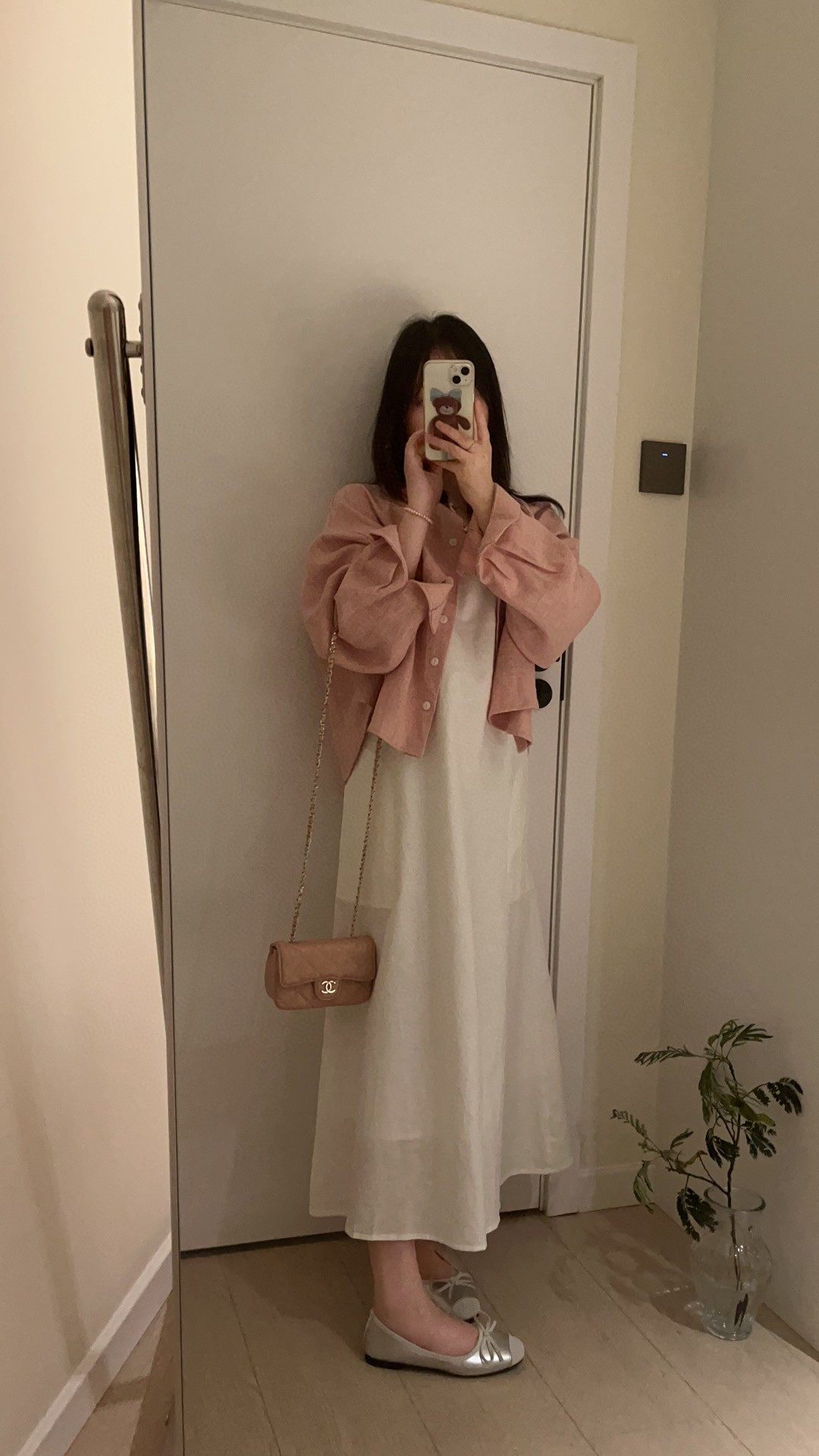 自制进口麻料套装裙 低饱和粉开衫搭配韩国小姐姐zui爱的素白色