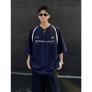 新款300克潮牌复古夏季小细格t恤男拼色短袖宽松版T902-P40藏蓝图片