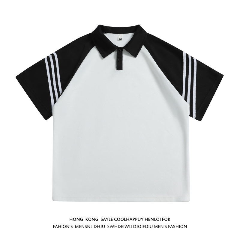 美式复古黑白拼接polo衫短袖男插肩袖t恤A456-T881-P35白图片