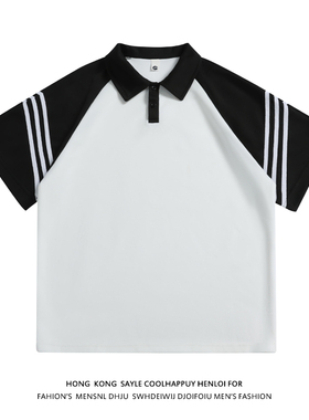 美式复古黑白拼接polo衫短袖男插肩袖t恤A456-T881-P35白