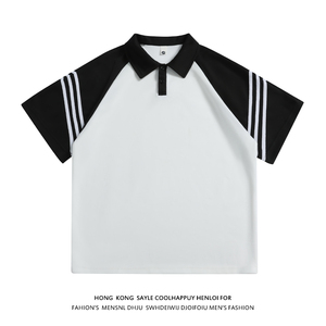 美式复古黑白拼接polo衫短袖男插肩袖t恤A456-T881-P35白图片
