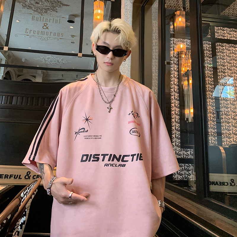 JPT21-P28特美式印花插肩袖短袖T恤夏季麂皮绒宽松三条杠上衣fen,男装T恤,电商A456（原C415）