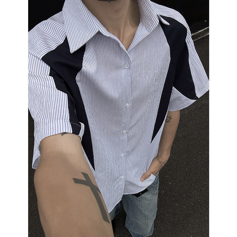 主推CY08-P30特现货夏季短袖条纹衬衫男潮牌潮流中性衬衣f,男装衬衫,电商A456（原C415）