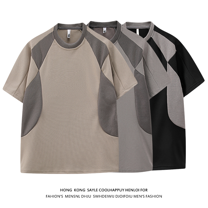 白底男士潮流印花T恤上衣夏季宽松拼接重磅短袖体恤A456-T892-P40