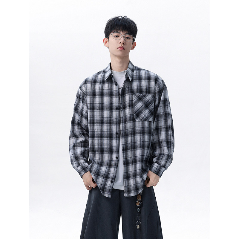 现货主推CY11-P33特长袖格子衬衫男潮牌潮流宽松韩版衬衣外套,男装衬衫,电商A456（原C415）