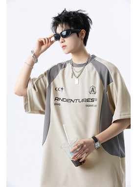 男士潮流印花T恤上衣夏季宽松拼接重磅短袖体恤A456-T895-P45杏