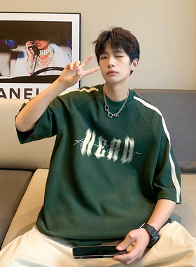 T569-P40新款重磅280克重潮牌ins潮流复古插肩袖t恤男短袖A456绿