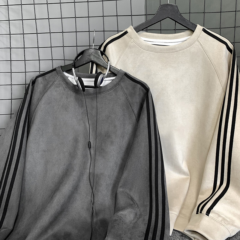现货二开420高克重秋冬三条杠麂皮绒圆领卫衣男A456-JP635杏色,男装卫衣,电商A456（原C415）
