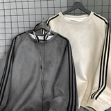 现货二开420高克重秋冬三条杠麂皮绒圆领卫衣男A456-JP635杏色，男装卫衣，电商A456（原C415）