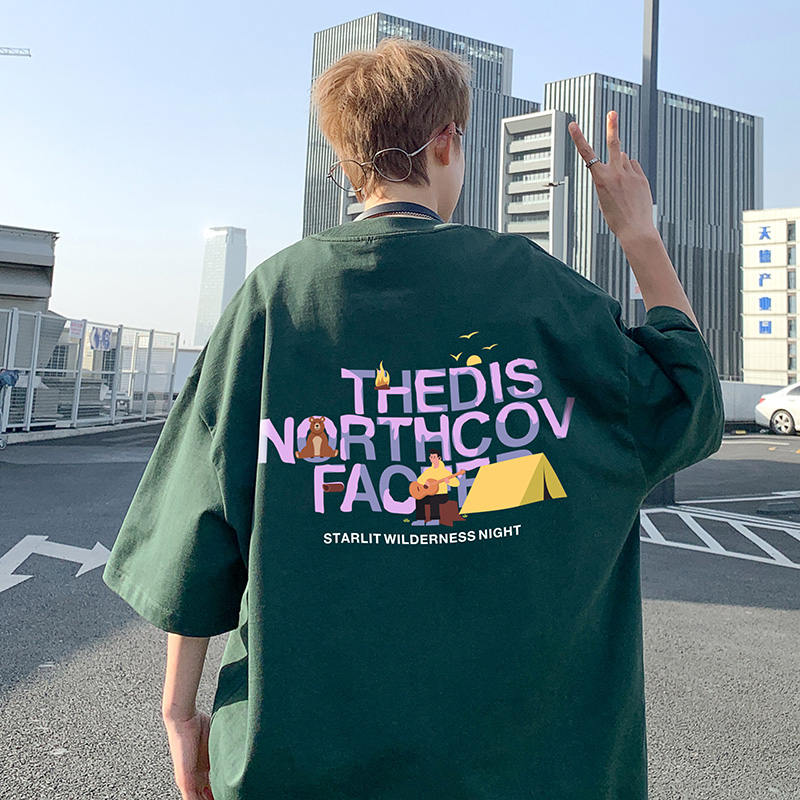 T86-P20特230克T恤男潮牌短袖纯棉宽松大码情侣夏装上衣落肩墨绿