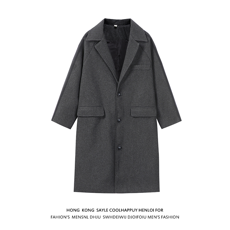 白底现货潮牌插肩袖三条杠毛呢大衣男加厚中长款风衣外套DY001灰，男装毛呢大衣，电商A456（原C415）