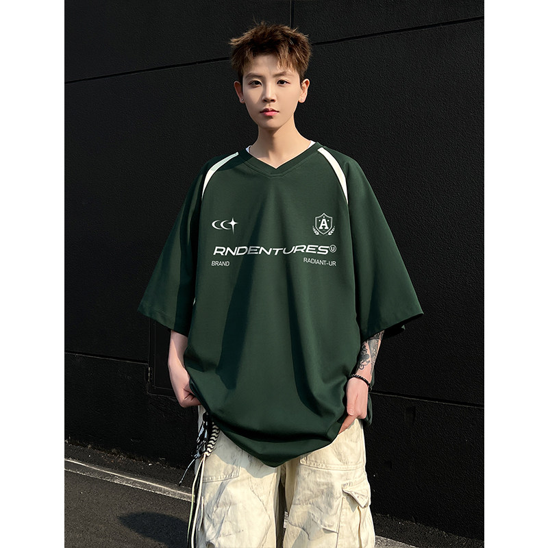 新款300克潮牌复古夏季小细格t恤男拼色短袖宽松版T902-P40绿,男装T恤,电商A456（原C415）