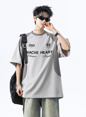 男士潮流印花T恤上衣夏季宽松拼接重磅短袖体恤A456-T896-P45灰色
