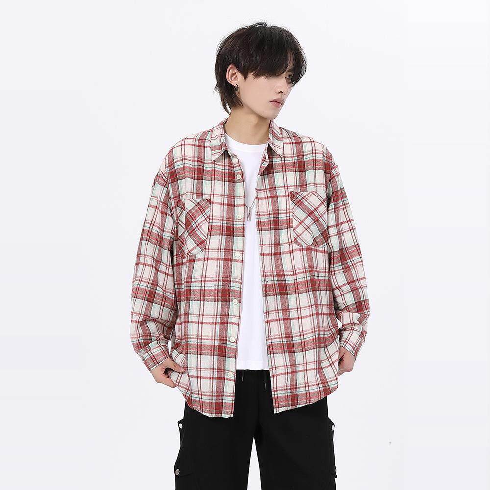 现货W件格子衬衫男学生大码宽松潮牌工装衬衣外套红CY01控58,男装衬衫,电商A456（原C415）
