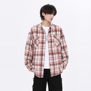 现货W件格子衬衫男学生大码宽松潮牌工装衬衣外套红CY01控58