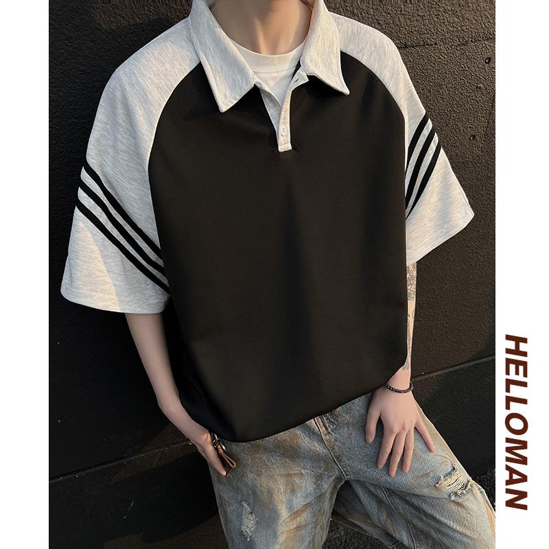 现货 美式复古黑白拼接polo衫短袖男插肩袖t恤A456-T881-P35图片