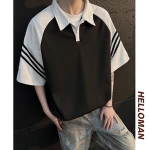 现货 美式复古黑白拼接polo衫短袖男插肩袖t恤A456-T881-P35图片
