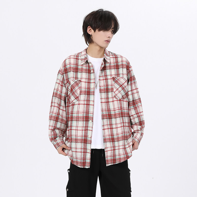 现货W件格子衬衫男学生大码宽松潮牌工装衬衣外套CY01控58,男装衬衫,电商A456（原C415）