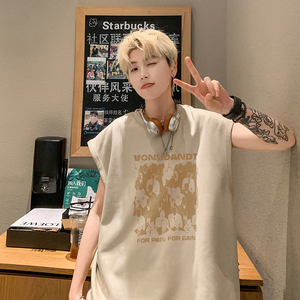 B19特P20潮牌手绘龙烧花无袖大码背心男夏季宽松坎肩美式t恤杏色图片