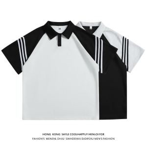 美式复古黑白拼接polo衫短袖男插肩袖t恤A456-T881-P35白图片