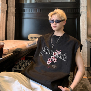 B22特P20控38梅花潮牌网印男夏季宽松运动坎肩美式无袖大码背心粉图片
