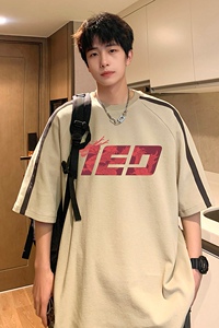 T587-P40控59美式夏季潮牌男士潮流T恤插肩袖宽松织带重磅短袖杏图片