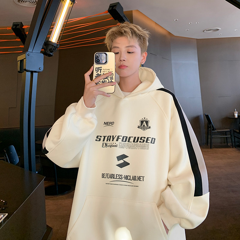 卫衣男秋冬美式高街潮牌痞帅外套条纹拼接重磅连帽WY809特P55白，女装短外套，电商A456（原C415）