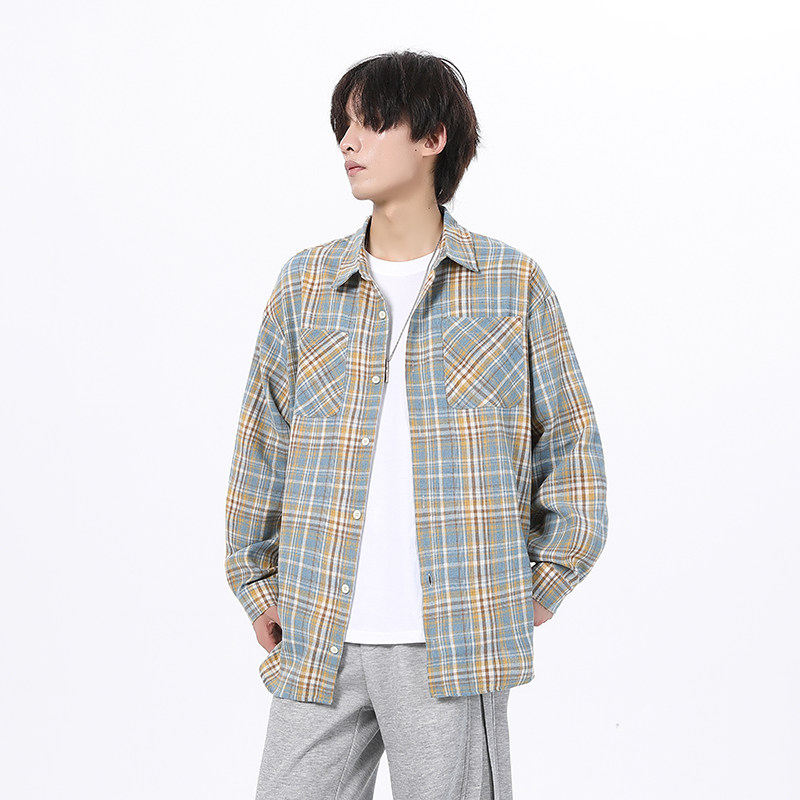 现货W件格子衬衫男学生大码宽松潮牌工装衬衣外套黄CY01控58图片