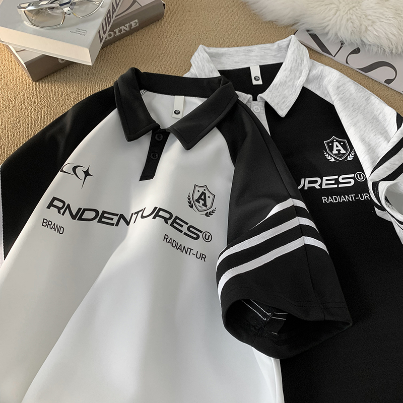 主推差价现货A456-T890-P40美式复古拼接polo衫短袖男插肩袖t恤C，男装Polo衫，电商A456（原C415）