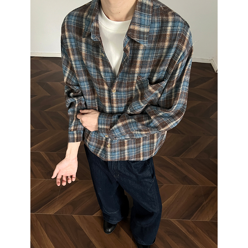 现货主推CY16-P35扎染长袖格子衬衫男潮牌潮流宽松韩版中性衬衣b，男装衬衫，电商A456（原C415）