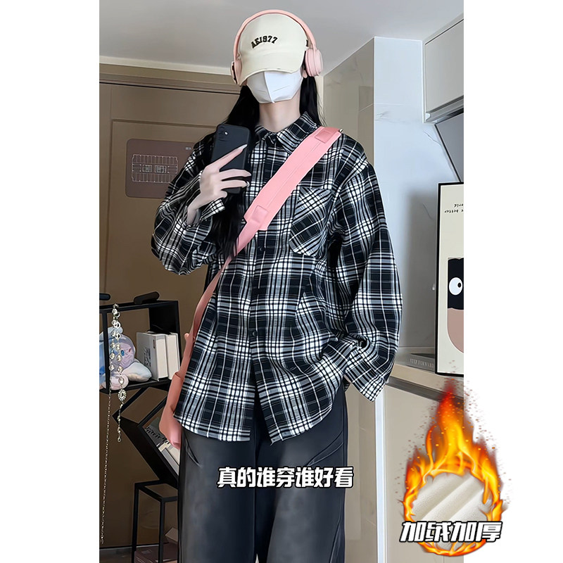 加厚加绒格子衬衫男大码宽松潮牌双口袋工装衬衣CY01超柔P45,男装衬衫,电商A456（原C415）