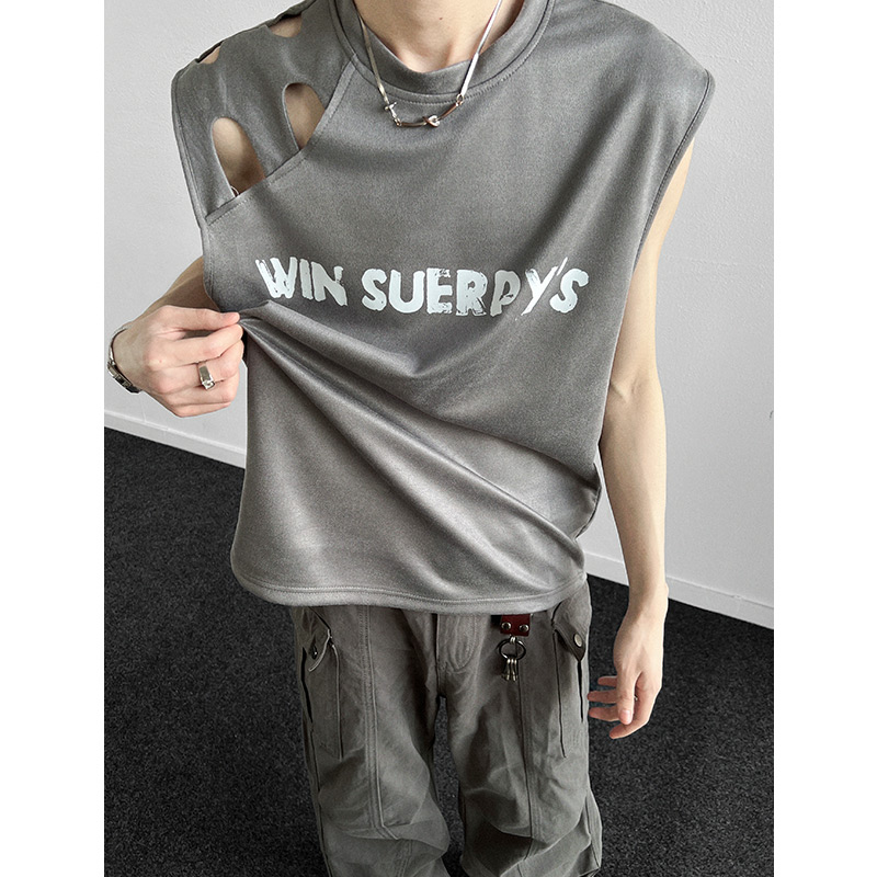 现货B38特P25控48破洞美式无袖背心男夏季宽松运动坎肩美式t恤A，男装背心/马甲，电商A456（原C415）