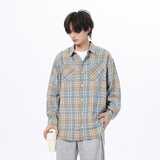 现货W件格子衬衫男学生大码宽松潮牌工装衬衣外套黄CY01控58，男装衬衫，电商A456（原C415）