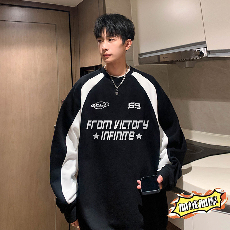 直播重磅美式复古插肩袖拼接加绒卫衣外套A432-WY98-P50加绒P60，女装短外套，电商A456（原C415）